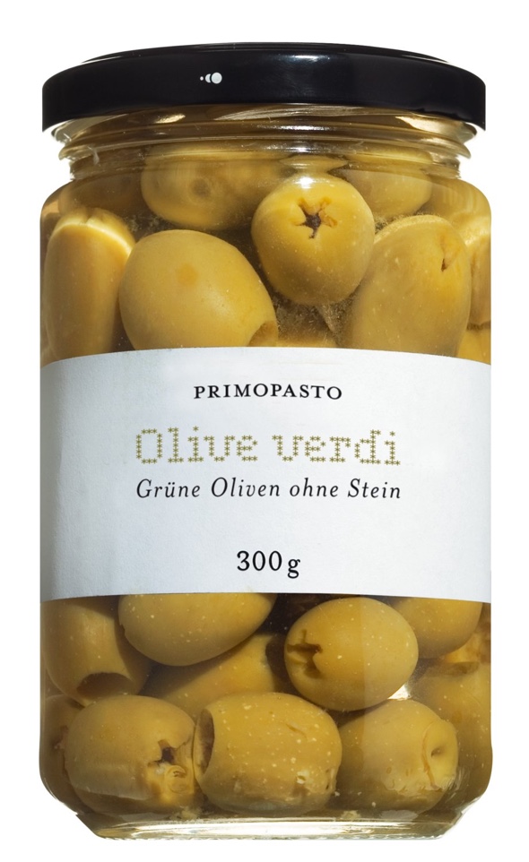 7774 - Gr�ne Oliven in Salzlake ohne Stein 300 g - Primopasto